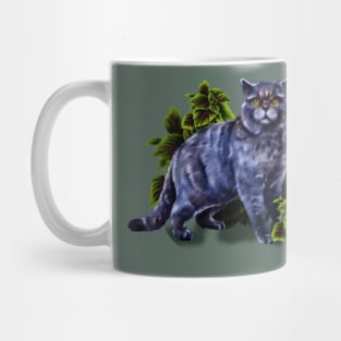 a British breed cat with a monstera Mug